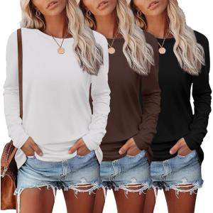 imageEkouaer Womens Long Sleeve Shirts 3 Pack Crew Neck Thermal Tops Loose Fit Undershirt Base Layer Trendy Clothes XSXXL3pcs Black  Brown  White