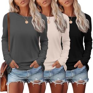 imageEkouaer Womens Long Sleeve Shirts 3 Pack Crew Neck Thermal Tops Loose Fit Undershirt Base Layer Trendy Clothes XSXXL3pcs Black  Dark Grey  Beige
