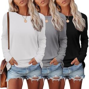 imageEkouaer Womens Long Sleeve Shirts 3 Pack Crew Neck Thermal Tops Loose Fit Undershirt Base Layer Trendy Clothes XSXXL3pcs Black  Light Gray  White