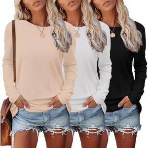 imageEkouaer Womens Long Sleeve Shirts 3 Pack Crew Neck Thermal Tops Loose Fit Undershirt Base Layer Trendy Clothes XSXXL3pcs Black  Nude  White