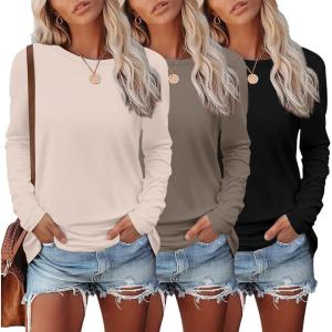 imageEkouaer Womens Long Sleeve Shirts 3 Pack Crew Neck Thermal Tops Loose Fit Undershirt Base Layer Trendy Clothes XSXXL3pcs Black  Tea Leaf  Beige