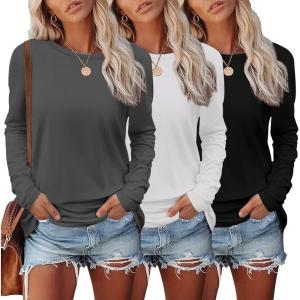 imageEkouaer Womens Long Sleeve Shirts 3 Pack Crew Neck Thermal Tops Loose Fit Undershirt Base Layer Trendy Clothes XSXXL3pcs Black  White  Dark Grey