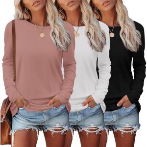imageEkouaer Womens Long Sleeve Shirts 3 Pack Crew Neck Thermal Tops Loose Fit Undershirt Base Layer Trendy Clothes XSXXL3pcs Black  White  Dirty Pink