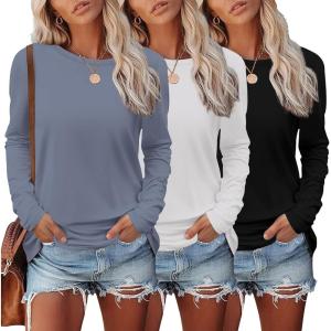imageEkouaer Womens Long Sleeve Shirts 3 Pack Crew Neck Thermal Tops Loose Fit Undershirt Base Layer Trendy Clothes XSXXL3pcs Black  White  Gray Blue
