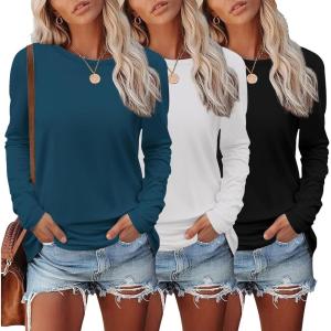 imageEkouaer Womens Long Sleeve Shirts 3 Pack Crew Neck Thermal Tops Loose Fit Undershirt Base Layer Trendy Clothes XSXXL3pcs Black  White  Haze Blue