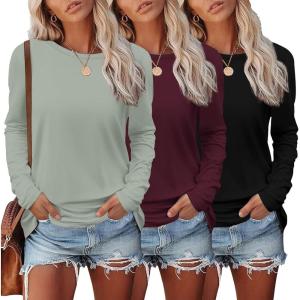 imageEkouaer Womens Long Sleeve Shirts 3 Pack Crew Neck Thermal Tops Loose Fit Undershirt Base Layer Trendy Clothes XSXXL3pcs Black  Wine Red  Light Green