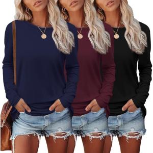 imageEkouaer Womens Long Sleeve Shirts 3 Pack Crew Neck Thermal Tops Loose Fit Undershirt Base Layer Trendy Clothes XSXXL3pcs Black  Wine Red  Navy Blue