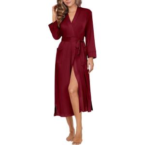 imageEkouaer Womens Robe Long Knit Kimono Bathrobe Lightweight Sleepwear Soft Ladies Loungewear with Pockets SXXLBurgundy