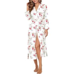 imageEkouaer Womens Robe Long Knit Kimono Bathrobe Lightweight Sleepwear Soft Ladies Loungewear with Pockets SXXLWhite Red Flowers
