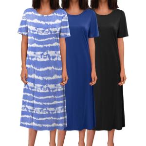 imageEkouaer 3 Pack Long Nightgowns for Women Full Length Short Sleeve Nightshirt Soft Plus Size Sleepwear Casual LoungewearBlack blue Strip blue
