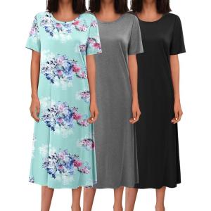 imageEkouaer 3 Pack Long Nightgowns for Women Full Length Short Sleeve Nightshirt Soft Plus Size Sleepwear Casual LoungewearBlack grey blue Flower
