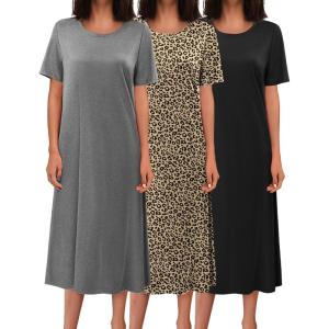 imageEkouaer 3 Pack Long Nightgowns for Women Full Length Short Sleeve Nightshirt Soft Plus Size Sleepwear Casual LoungewearBlack grey leopard