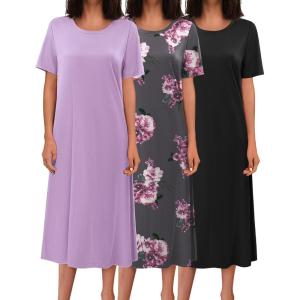 imageEkouaer 3 Pack Long Nightgowns for Women Full Length Short Sleeve Nightshirt Soft Plus Size Sleepwear Casual LoungewearBlack lilac white Flower
