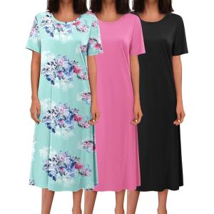 imageEkouaer 3 Pack Long Nightgowns for Women Full Length Short Sleeve Nightshirt Soft Plus Size Sleepwear Casual LoungewearBlack pink blue Flower