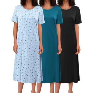 imageEkouaer 3 Pack Long Nightgowns for Women Full Length Short Sleeve Nightshirt Soft Plus Size Sleepwear Casual LoungewearBlack star blue Green