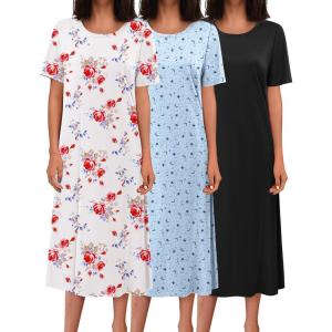 imageEkouaer 3 Pack Long Nightgowns for Women Full Length Short Sleeve Nightshirt Soft Plus Size Sleepwear Casual LoungewearBlack white Red Flowersstar