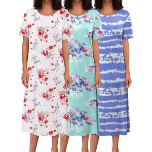 imageEkouaer 3 Pack Long Nightgowns for Women Full Length Short Sleeve Nightshirt Soft Plus Size Sleepwear Casual LoungewearBlue Flower white Red Flowersblue Strip