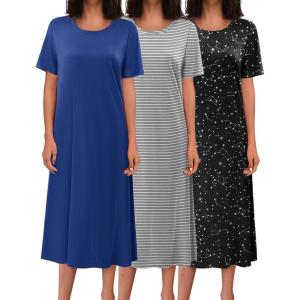 imageEkouaer 3 Pack Long Nightgowns for Women Full Length Short Sleeve Nightshirt Soft Plus Size Sleepwear Casual LoungewearBlue star grey Strip