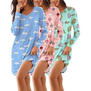 imageEkouaer 3 Pack Womens Nightgowns Long Sleeve Sleep Shirts Comfy Soft Nightshirt Women Pajama Sleep Dress Cute SleepwearBeach moon pink Sheep