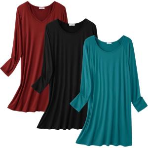 imageEkouaer 3 Pack Womens Nightgowns Long Sleeve Sleep Shirts Comfy Soft Nightshirt Women Pajama Sleep Dress Cute SleepwearBlack blue Green wine Red