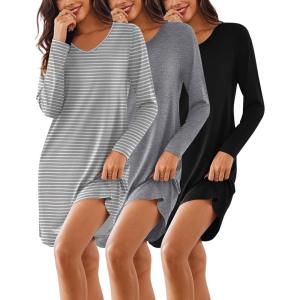 imageEkouaer 3 Pack Womens Nightgowns Long Sleeve Sleep Shirts Comfy Soft Nightshirt Women Pajama Sleep Dress Cute SleepwearBlack grey strip