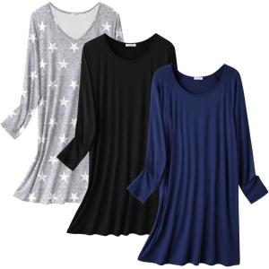 imageEkouaer 3 Pack Womens Nightgowns Long Sleeve Sleep Shirts Comfy Soft Nightshirt Women Pajama Sleep Dress Cute SleepwearBlack navy star