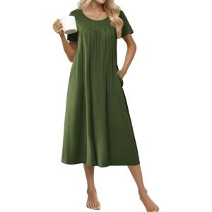 imageEkouaer Cotton Nightgowns for Women Long House Dresses with Pockets Plus Size Night Gowns Short Sleeve Night Shirts S3XLArmy Green