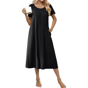 imageEkouaer Cotton Nightgowns for Women Long House Dresses with Pockets Plus Size Night Gowns Short Sleeve Night Shirts S3XLBlack