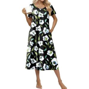 imageEkouaer Cotton Nightgowns for Women Long House Dresses with Pockets Plus Size Night Gowns Short Sleeve Night Shirts S3XLBlack Flower