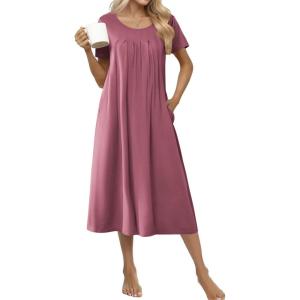 imageEkouaer Cotton Nightgowns for Women Long House Dresses with Pockets Plus Size Night Gowns Short Sleeve Night Shirts S3XLDusty Rose