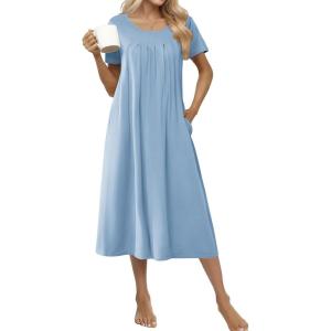 imageEkouaer Cotton Nightgowns for Women Long House Dresses with Pockets Plus Size Night Gowns Short Sleeve Night Shirts S3XLLight Blue