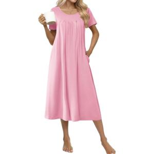 imageEkouaer Cotton Nightgowns for Women Long House Dresses with Pockets Plus Size Night Gowns Short Sleeve Night Shirts S3XLPink