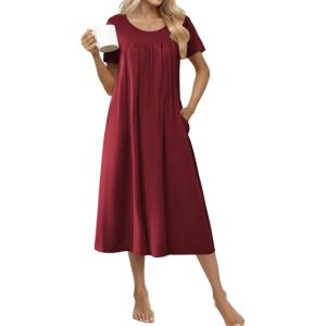 imageEkouaer Cotton Nightgowns for Women Long House Dresses with Pockets Plus Size Night Gowns Short Sleeve Night Shirts S3XLWine Red