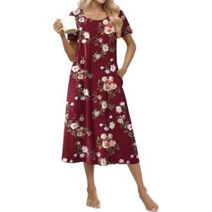 imageEkouaer Cotton Nightgowns for Women Long House Dresses with Pockets Plus Size Night Gowns Short Sleeve Night Shirts S3XLWine Red Flower