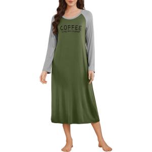 imageEkouaer Long Sleeve Nightgowns for Women Full Length Sleep Shirts Crew Neck Soft Nightshirts SXXLArmy Green Coffee