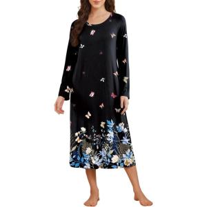 imageEkouaer Long Sleeve Nightgowns for Women Full Length Sleep Shirts Crew Neck Soft Nightshirts SXXLBlack Butterfly Flower