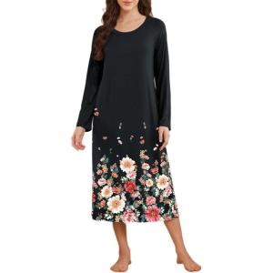imageEkouaer Long Sleeve Nightgowns for Women Full Length Sleep Shirts Crew Neck Soft Nightshirts SXXLBlack Flower