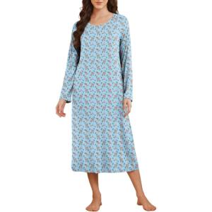 imageEkouaer Long Sleeve Nightgowns for Women Full Length Sleep Shirts Crew Neck Soft Nightshirts SXXLBlue Flower