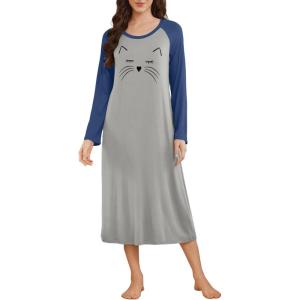 imageEkouaer Long Sleeve Nightgowns for Women Full Length Sleep Shirts Crew Neck Soft Nightshirts SXXLLight Grey Cat