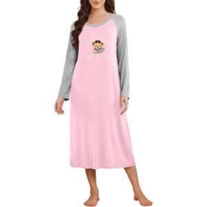 imageEkouaer Long Sleeve Nightgowns for Women Full Length Sleep Shirts Crew Neck Soft Nightshirts SXXLPink Teedy Bear