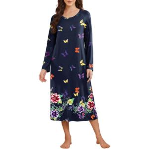 imageEkouaer Long Sleeve Nightgowns for Women Full Length Sleep Shirts Crew Neck Soft Nightshirts SXXLPurple Butterfly Flower