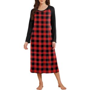 imageEkouaer Long Sleeve Nightgowns for Women Full Length Sleep Shirts Crew Neck Soft Nightshirts SXXLRed Black Plaid