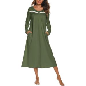 imageEkouaer Long Sleeve Nightgowns for Women Long Sleepshirts Button Night Gowns Sleepwear Full Length Sleep Dress with PocketsArmy Green