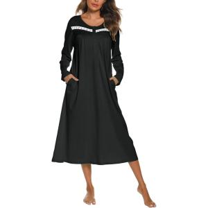 imageEkouaer Long Sleeve Nightgowns for Women Long Sleepshirts Button Night Gowns Sleepwear Full Length Sleep Dress with PocketsBlack