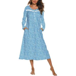 imageEkouaer Long Sleeve Nightgowns for Women Long Sleepshirts Button Night Gowns Sleepwear Full Length Sleep Dress with PocketsBlue Flower