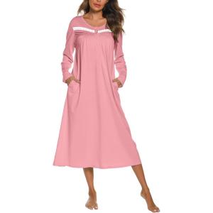 imageEkouaer Long Sleeve Nightgowns for Women Long Sleepshirts Button Night Gowns Sleepwear Full Length Sleep Dress with PocketsDark Pink