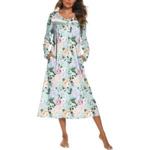 imageEkouaer Long Sleeve Nightgowns for Women Long Sleepshirts Button Night Gowns Sleepwear Full Length Sleep Dress with PocketsFloral Green