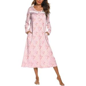 imageEkouaer Long Sleeve Nightgowns for Women Long Sleepshirts Button Night Gowns Sleepwear Full Length Sleep Dress with PocketsFloral Pink