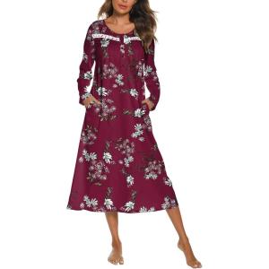 imageEkouaer Long Sleeve Nightgowns for Women Long Sleepshirts Button Night Gowns Sleepwear Full Length Sleep Dress with PocketsFloral Red