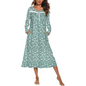 imageEkouaer Long Sleeve Nightgowns for Women Long Sleepshirts Button Night Gowns Sleepwear Full Length Sleep Dress with PocketsGreen Flower